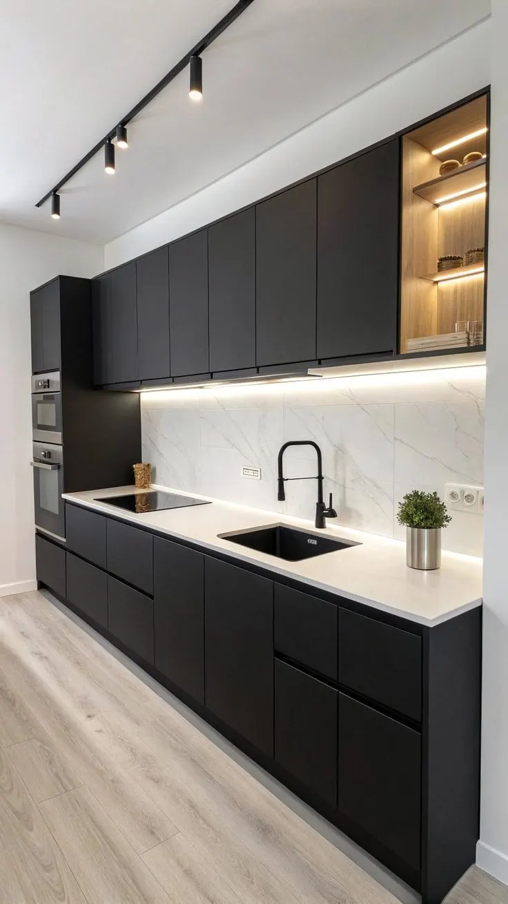 Cocina Negra con Encimera Blanca